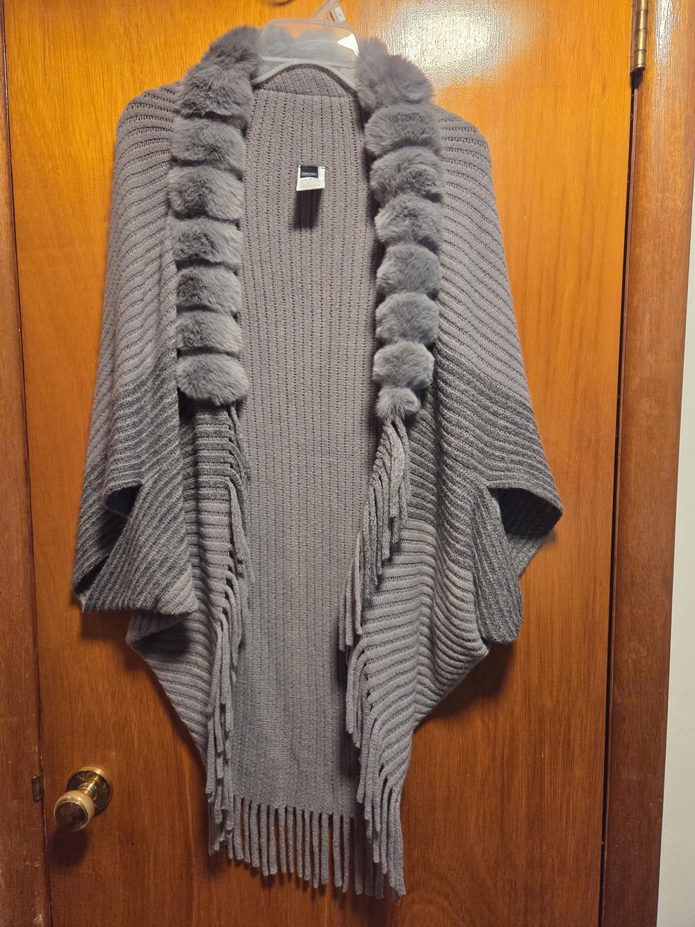 Gray Faux-Fur Trim Knit Poncho Sweater
